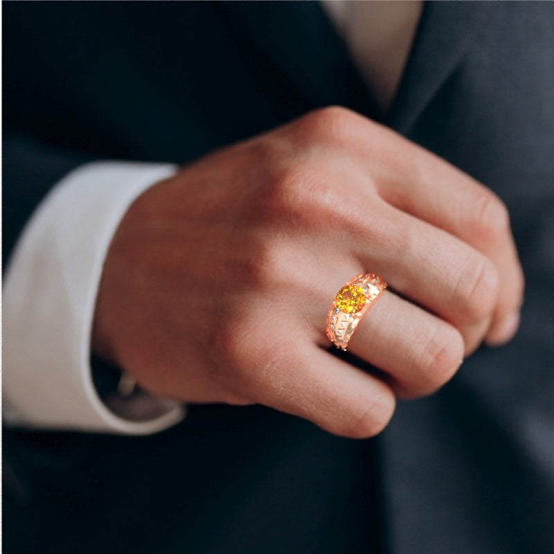 Men's Tire Tread Citrine Diamond Ring In Solid 14k Rose Gold