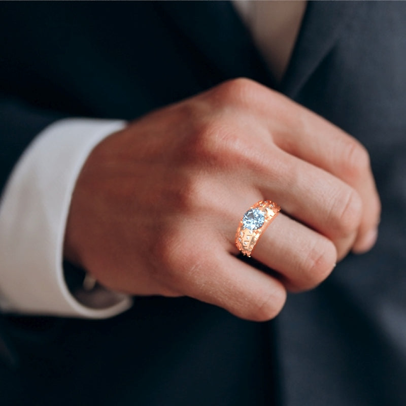 Men's Tire Tread Aquamarine Diamond Ring In Solid 14k Rose Gold