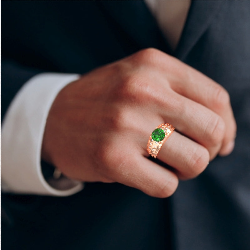 Men's Tire Tread Lab-Created Emerald Diamond Ring In Solid 14k Rose Gold