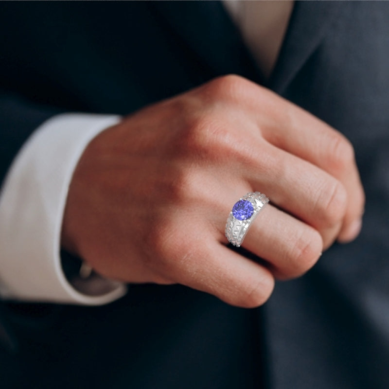 Men's Tire Tread Tanzanite Diamond Ring In Solid 14k White Gold