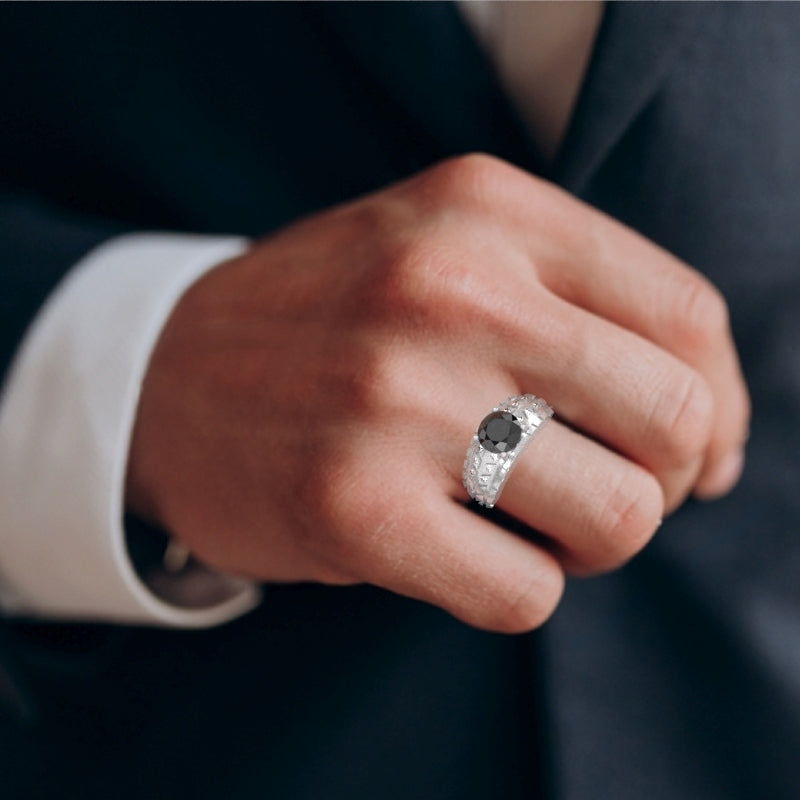Men's Tire Tread Black Onyx Diamond Ring In Solid 14k White Gold