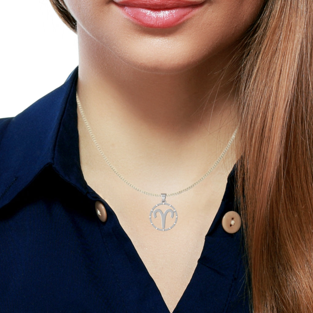 Aries Zodiac Sign Diamond Bezel Pendant In Solid 14K White Gold