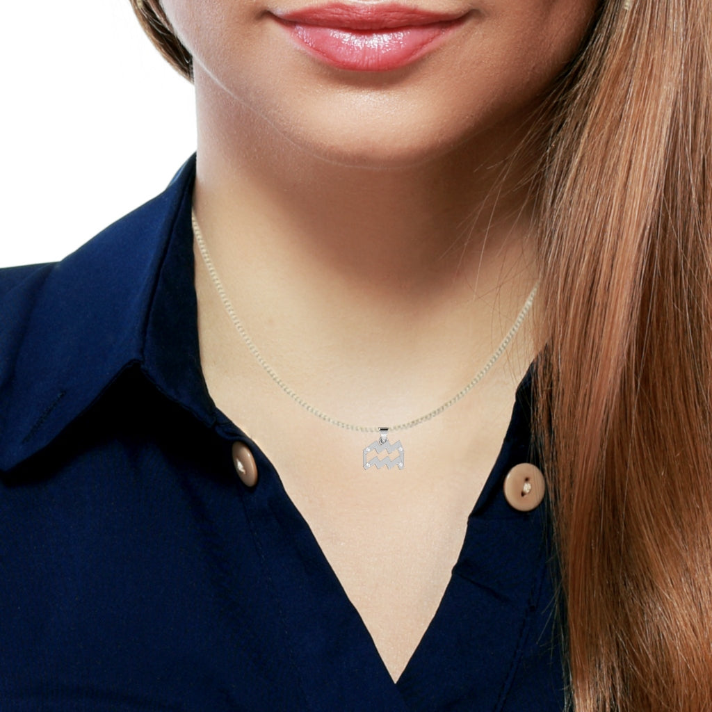 Aquarius Zodiac Sign Diamond Pendant In Solid 14k White Gold