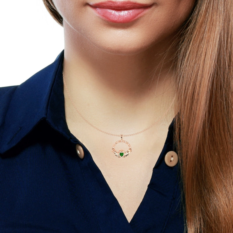 Lab-Created Emerald Diamond Claddagh  Pendant in 14k Rose Gold