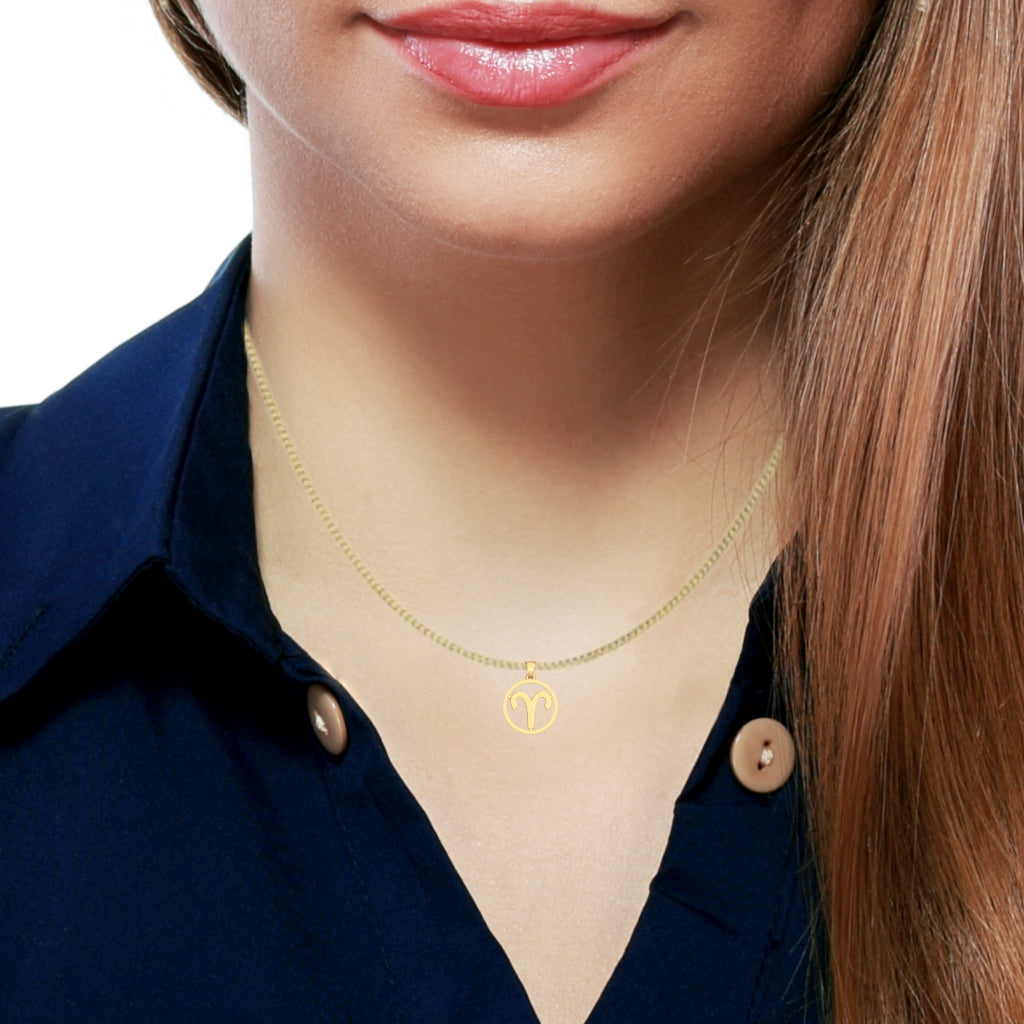 Aries Zodiac Sign Round Bezel Pendant In Solid 14K Yellow Gold