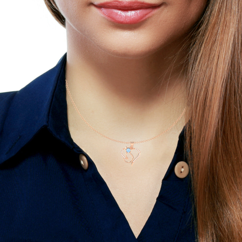 Aquamarine Diamond  Cat Love Heart Pendant In 10k Rose Gold