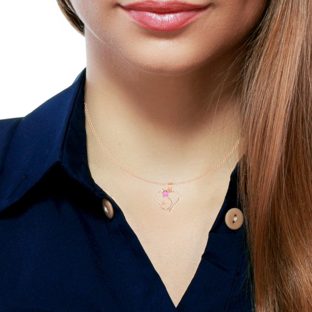 Lab-Created Pink Sapphire Diamond  Cat Love Heart Pendant In 10k Rose Gold