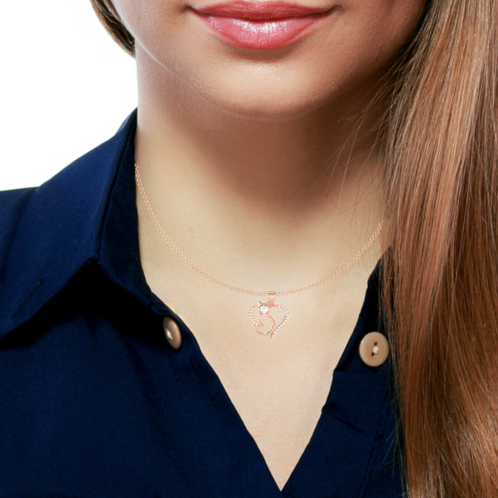 White Topaz Diamond  Cat Love Heart Pendant In 10k Rose Gold