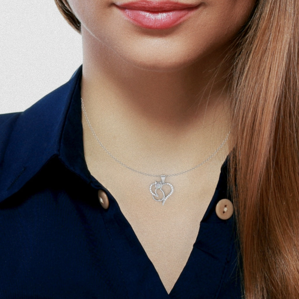 Opal Diamond  Cat Love Heart Pendant In 10k White Gold