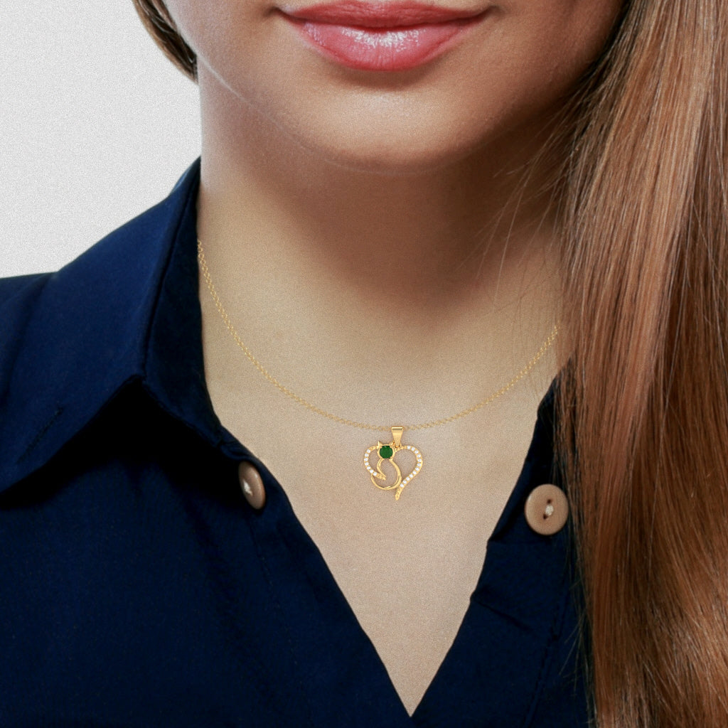 Emerald Diamond  Cat Love Heart Pendant In 10k Yellow Gold