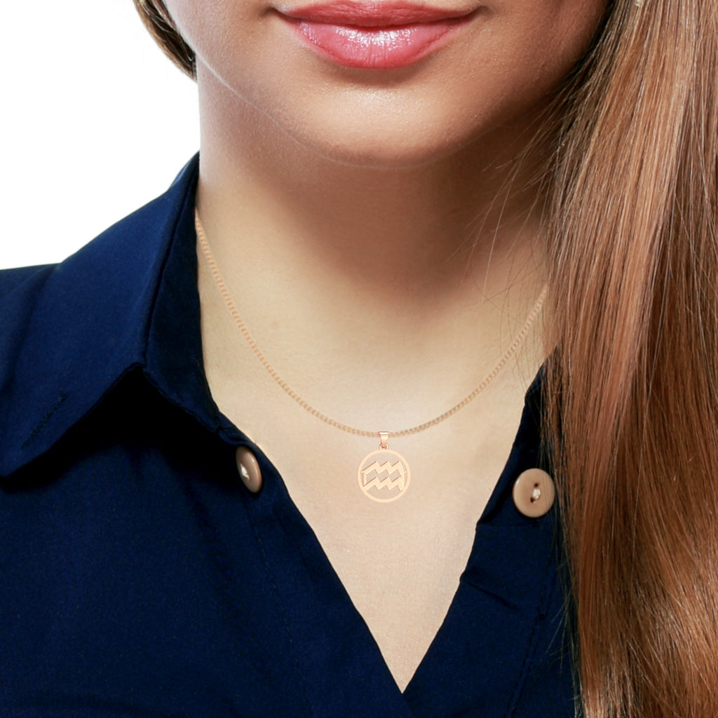 Aquarius Zodiac Sign Round Bezel Pendant In Solid 10K Rose Gold