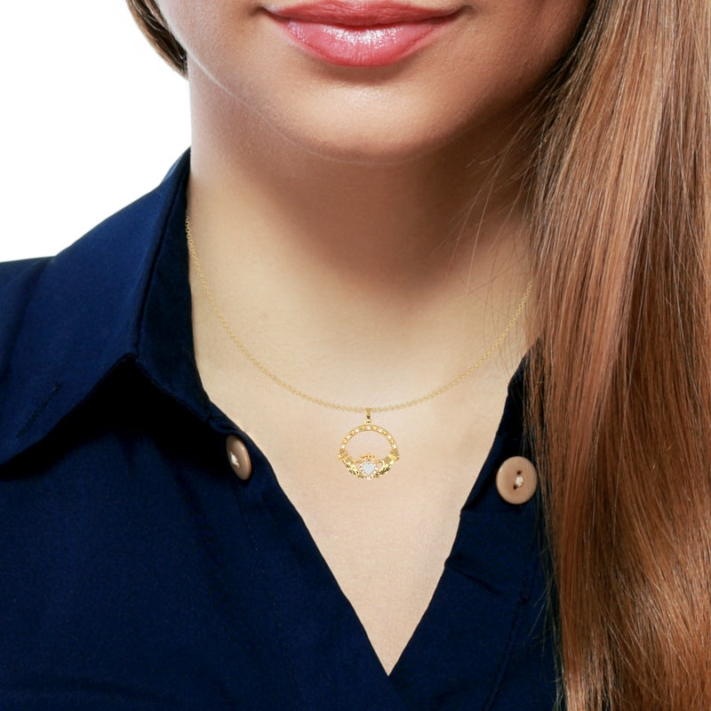 Opal Diamond Claddagh  Pendant in 14k Yellow Gold