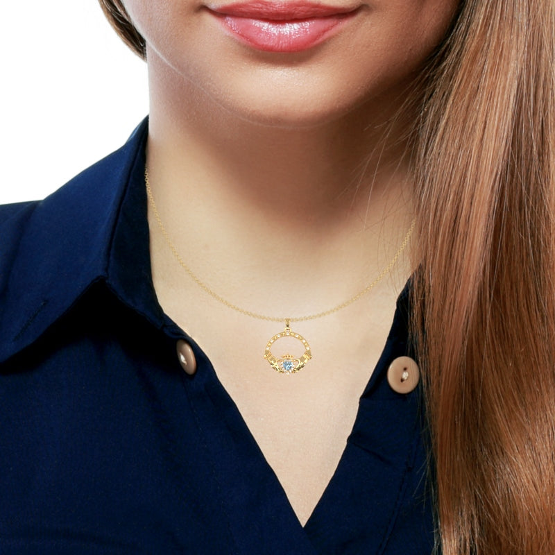 Aquamarine Diamond Claddagh  Pendant in 14k Yellow Gold