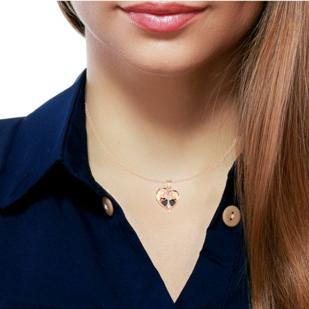 Black Onyx Diamond Dolphin 2 Heart Birthstone  Pendant in 10k Rose Gold