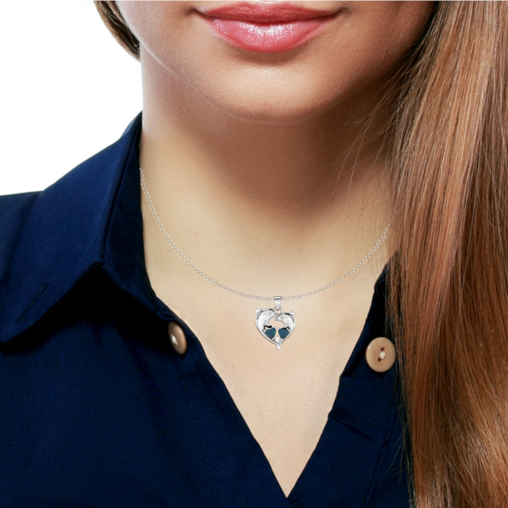 Lab-Created Alexandrite Diamond Dolphin 2 Heart Birthstone  Pendant in 10k White Gold
