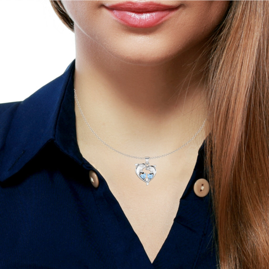 Aquamarine Diamond Dolphin 2 Heart Birthstone  Pendant in 10k White Gold
