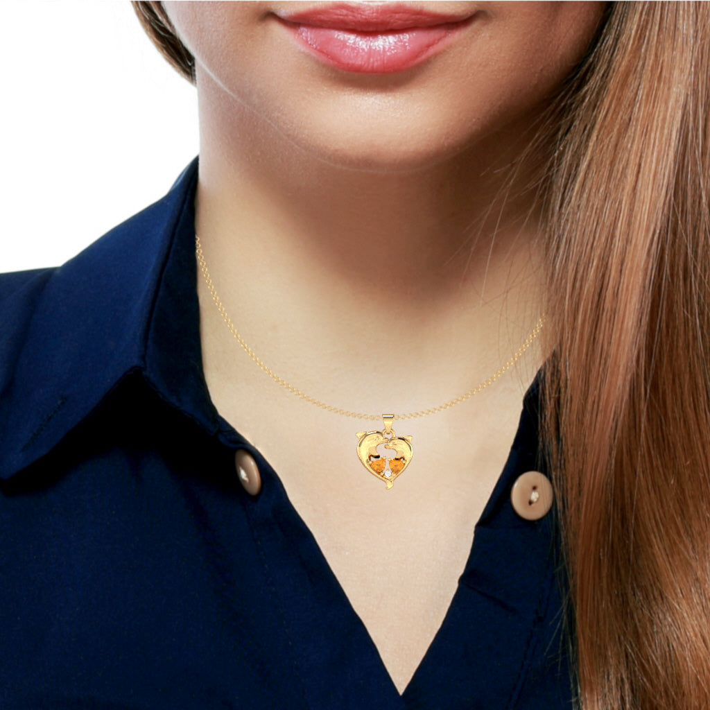 Citrine Diamond Dolphin 2 Heart Birthstone  Pendant in 10k Yellow Gold