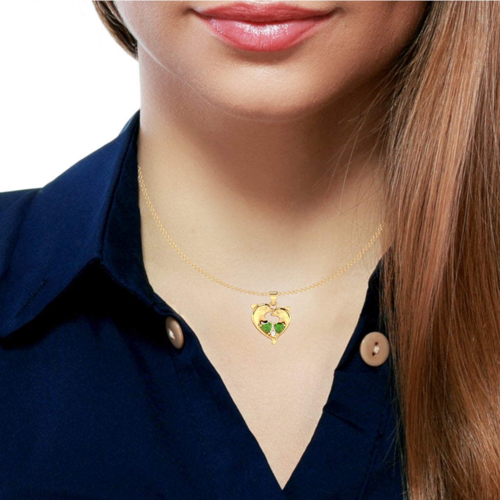 Peridot Diamond Dolphin 2 Heart Birthstone  Pendant in 10k Yellow Gold