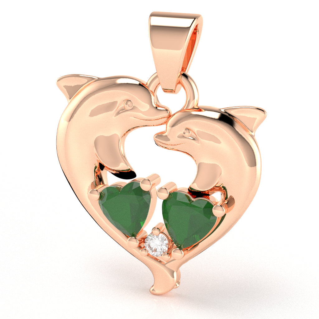 Emerald Diamond Dolphin 2 Heart Birthstone  Pendant in 10k Rose Gold