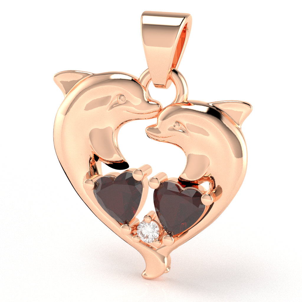 Garnet Diamond Dolphin 2 Heart Birthstone  Pendant in 14k Rose Gold