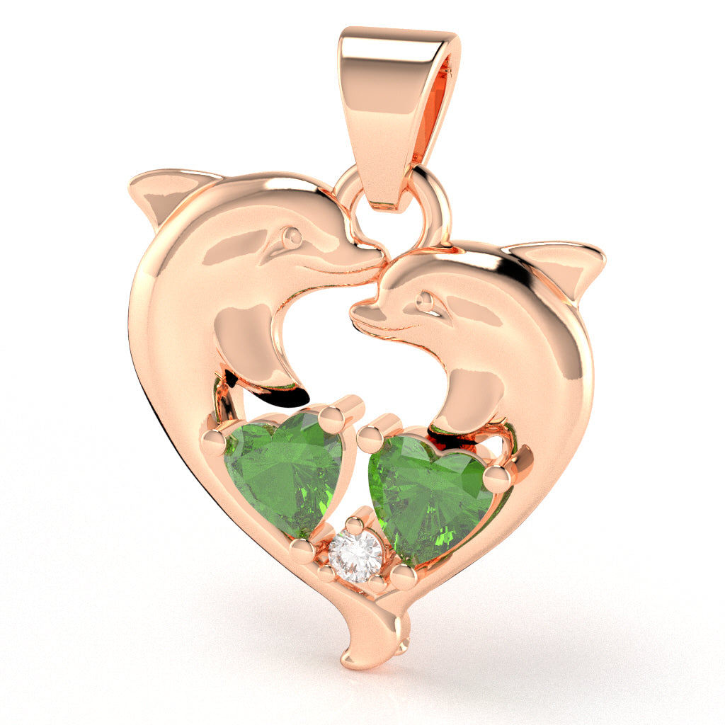 Peridot Diamond Dolphin 2 Heart Birthstone  Pendant in 14k Rose Gold