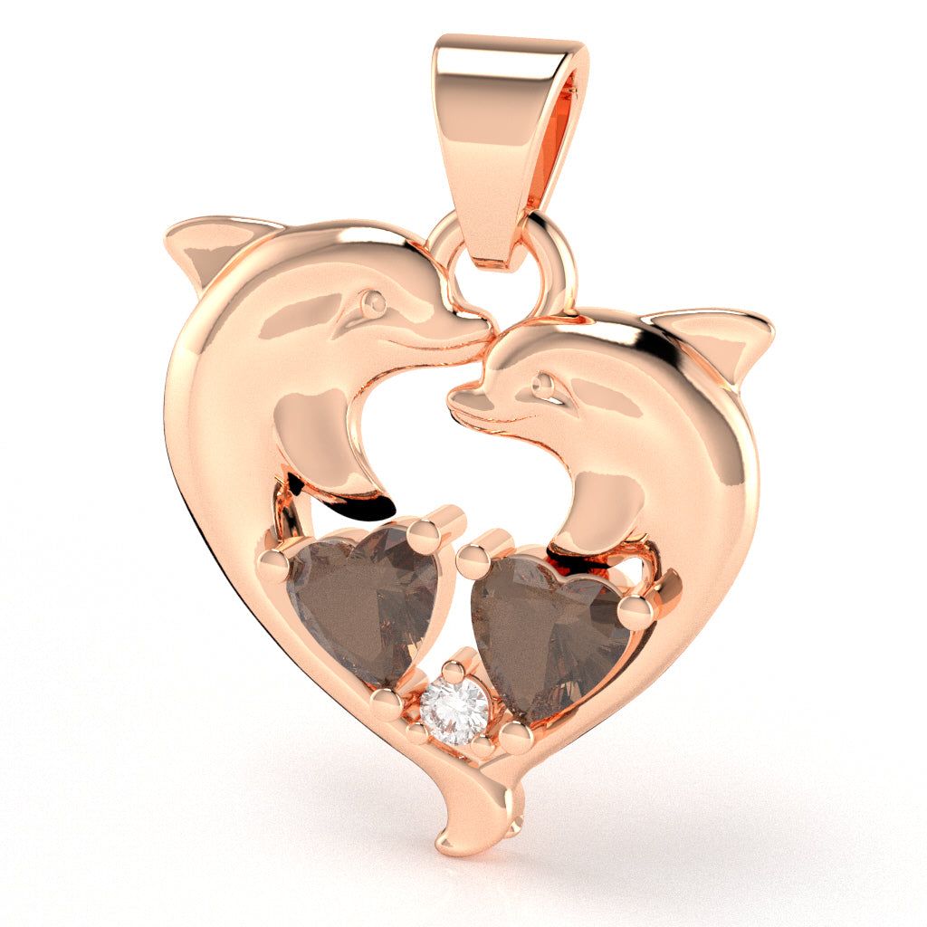 Smoky Quartz Diamond Dolphin 2 Heart Birthstone  Pendant in 10k Rose Gold