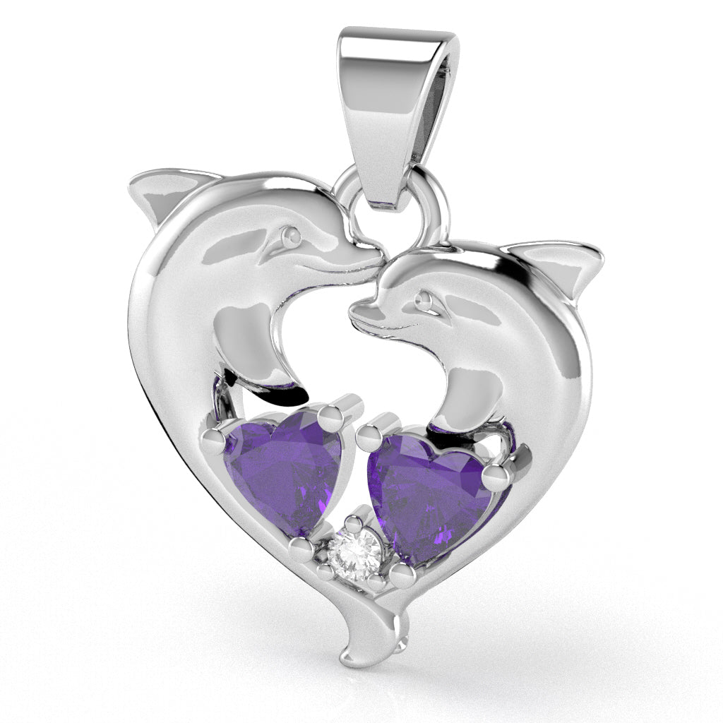 Amethyst Diamond Dolphin 2 Heart Birthstone  Pendant in 10k White Gold
