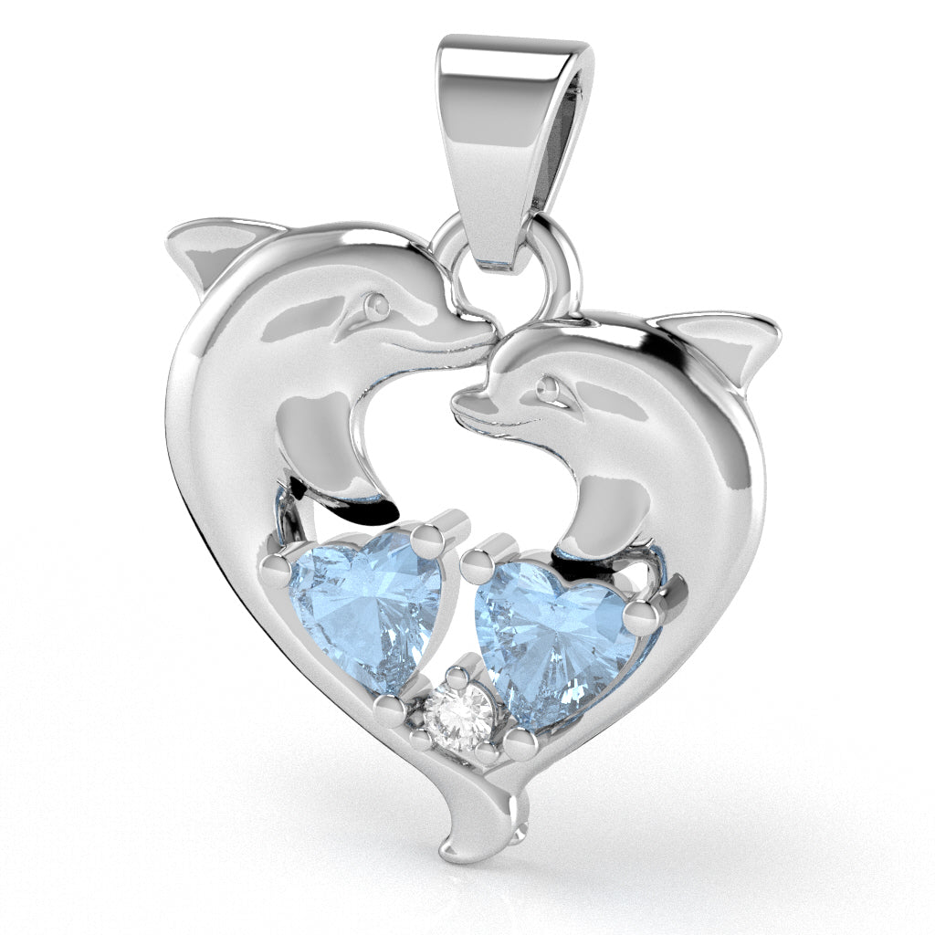 Aquamarine Diamond Dolphin 2 Heart Birthstone  Pendant in 14k White Gold
