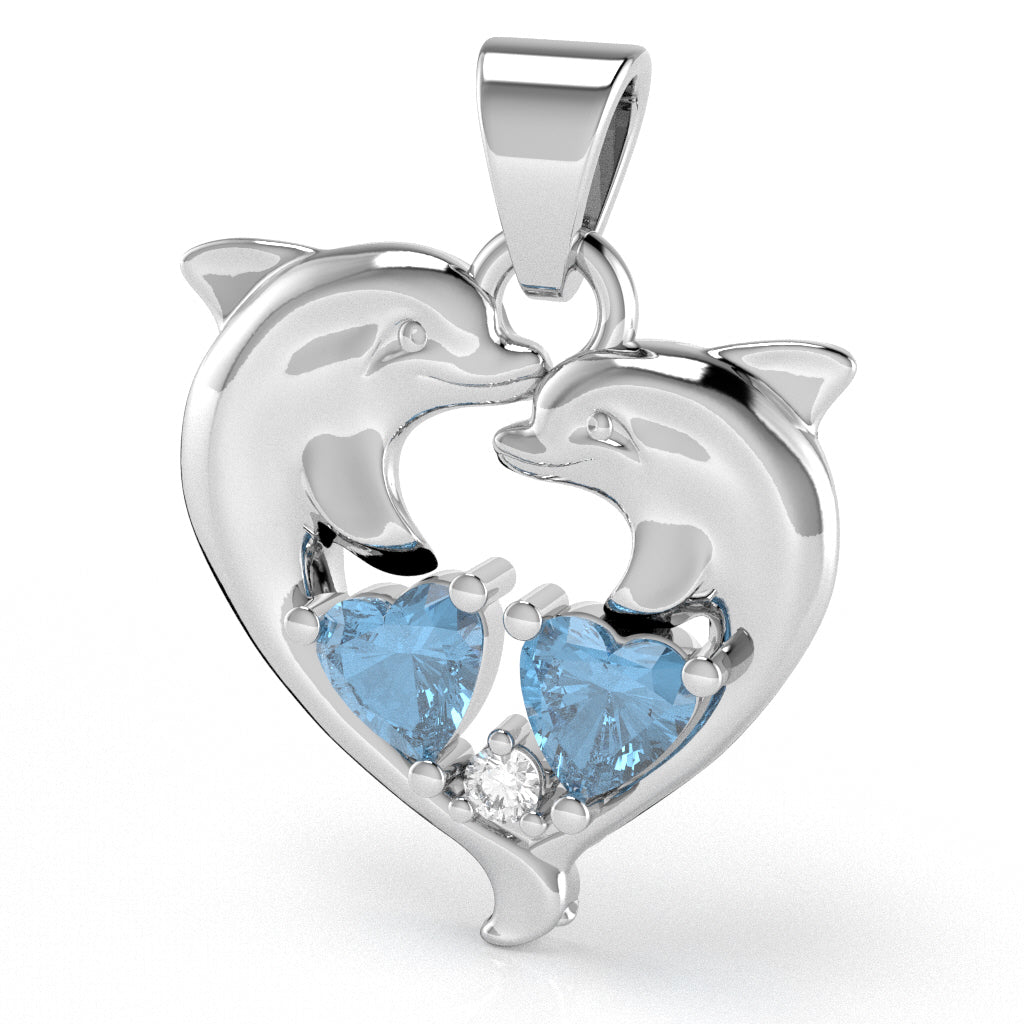 Blue Topaz Diamond Dolphin 2 Heart Birthstone  Pendant in 14k White Gold
