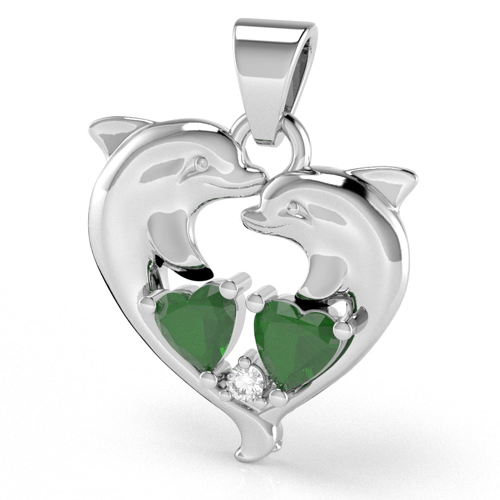 Emerald Diamond Dolphin 2 Heart Birthstone  Pendant in 14k White Gold