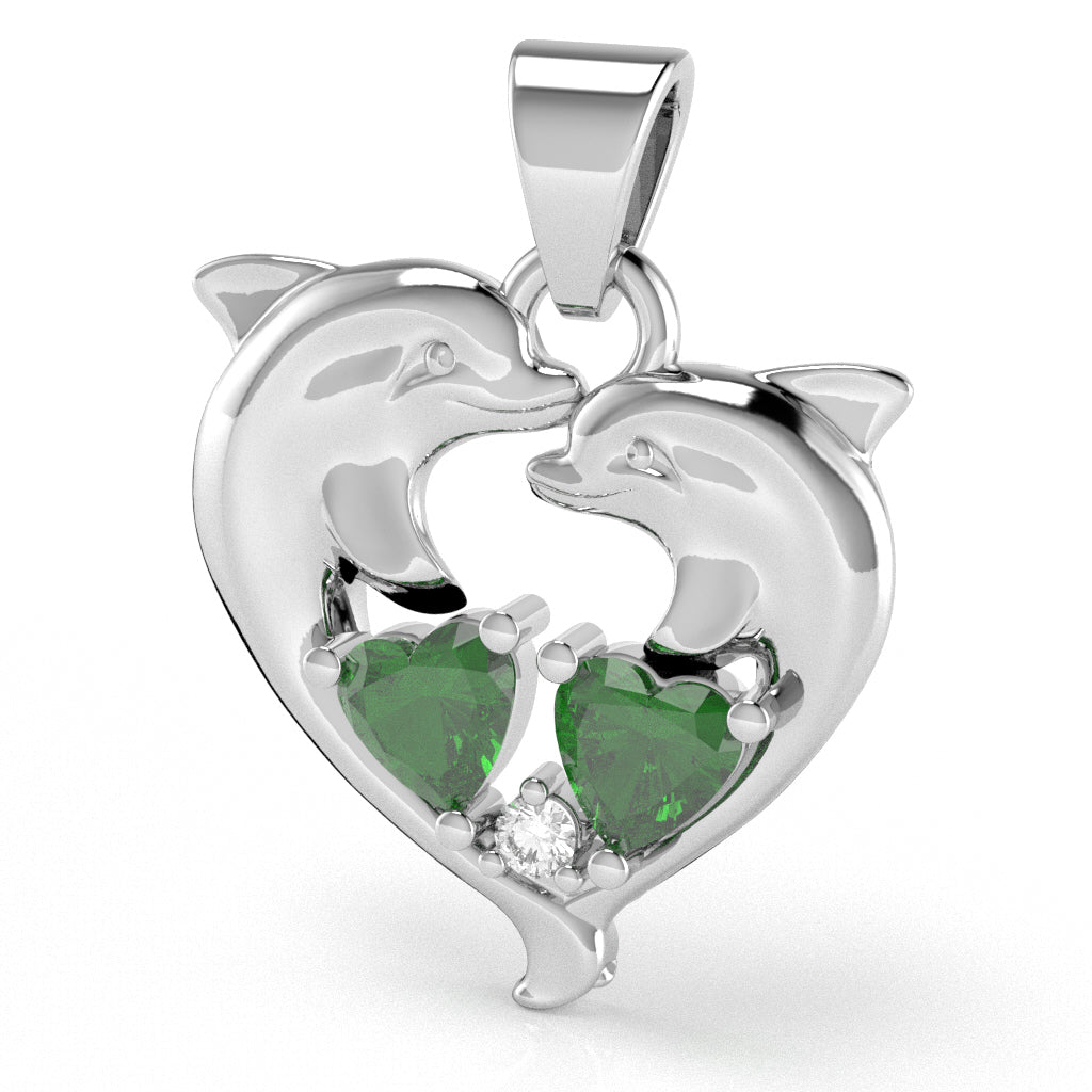 Lab-Created Emerald Diamond Dolphin 2 Heart Birthstone  Pendant in 14k White Gold