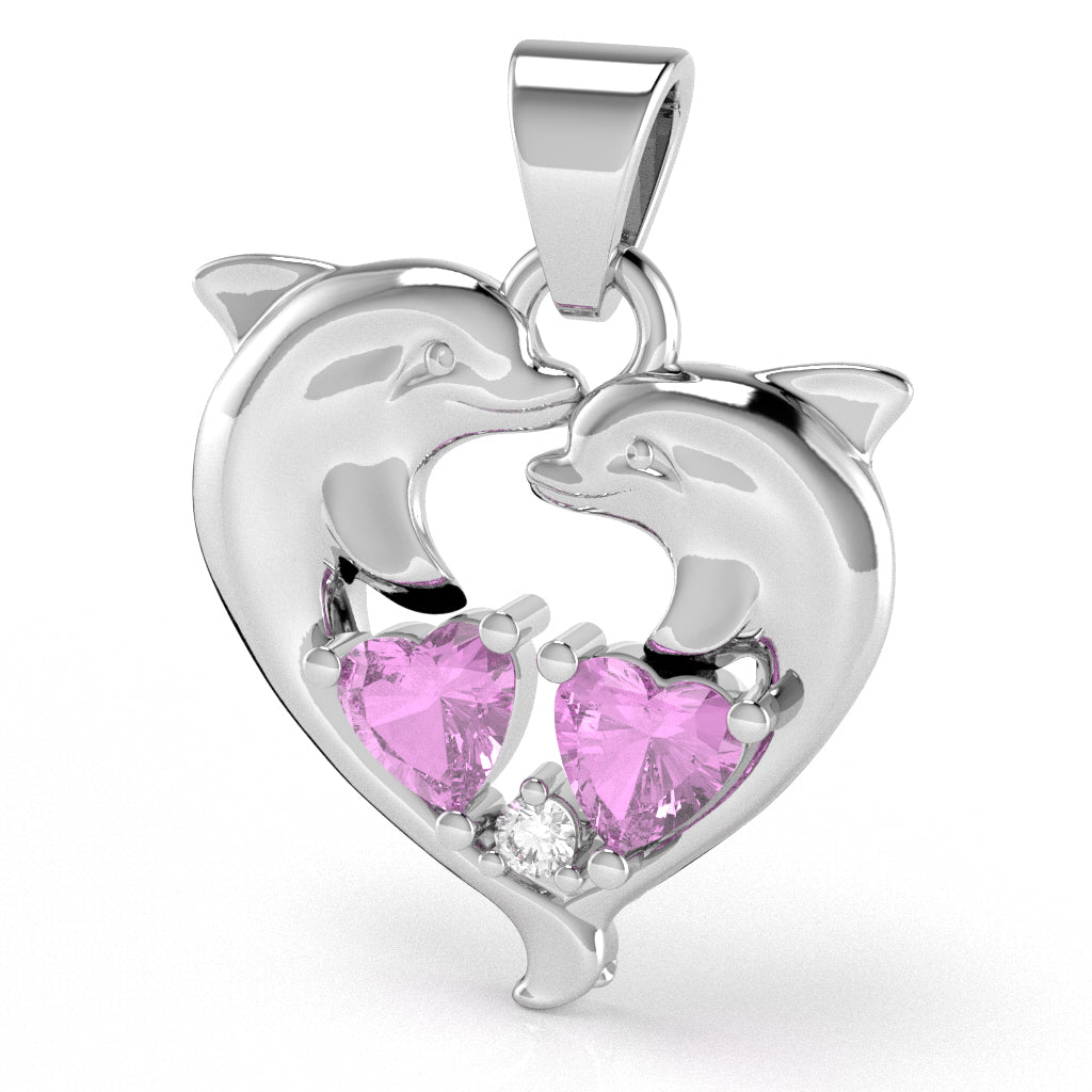 Lab-Created Pink Sapphire Diamond Dolphin 2 Heart Birthstone  Pendant in 10k White Gold