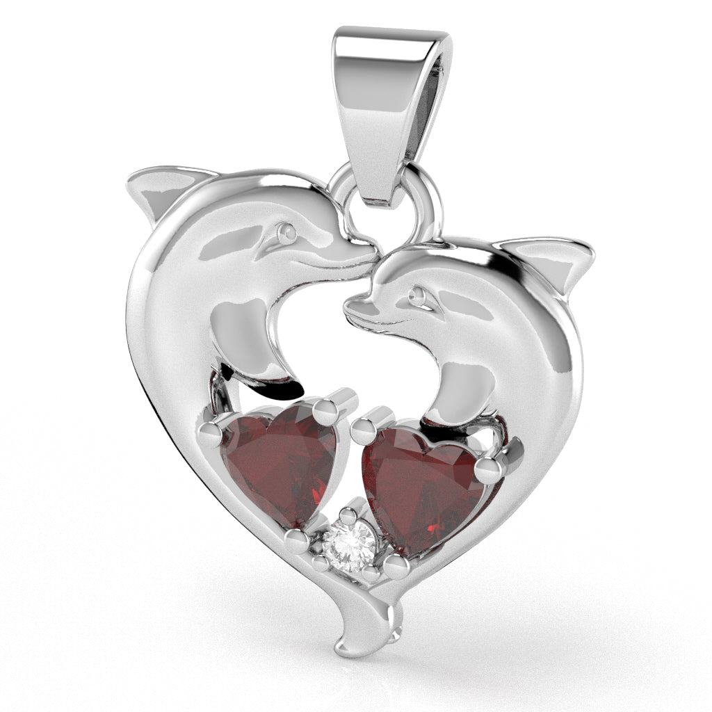 Lab-Created Ruby Diamond Dolphin 2 Heart Birthstone  Pendant in 10k White Gold