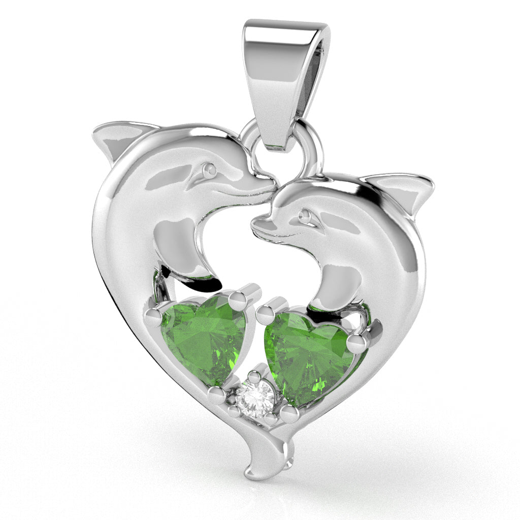 Peridot Diamond Dolphin 2 Heart Birthstone  Pendant in 10k White Gold