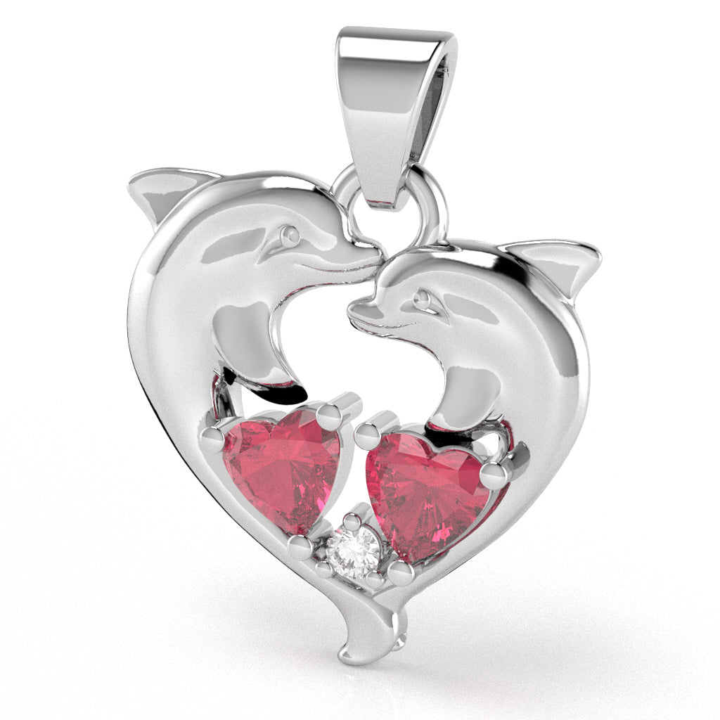 Pink Tourmaline Diamond Dolphin 2 Heart Birthstone  Pendant in 14k White Gold