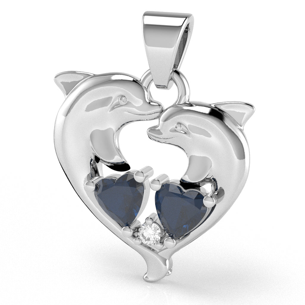 Lab-Created Sapphire Diamond Dolphin 2 Heart Birthstone  Pendant in 14k White Gold
