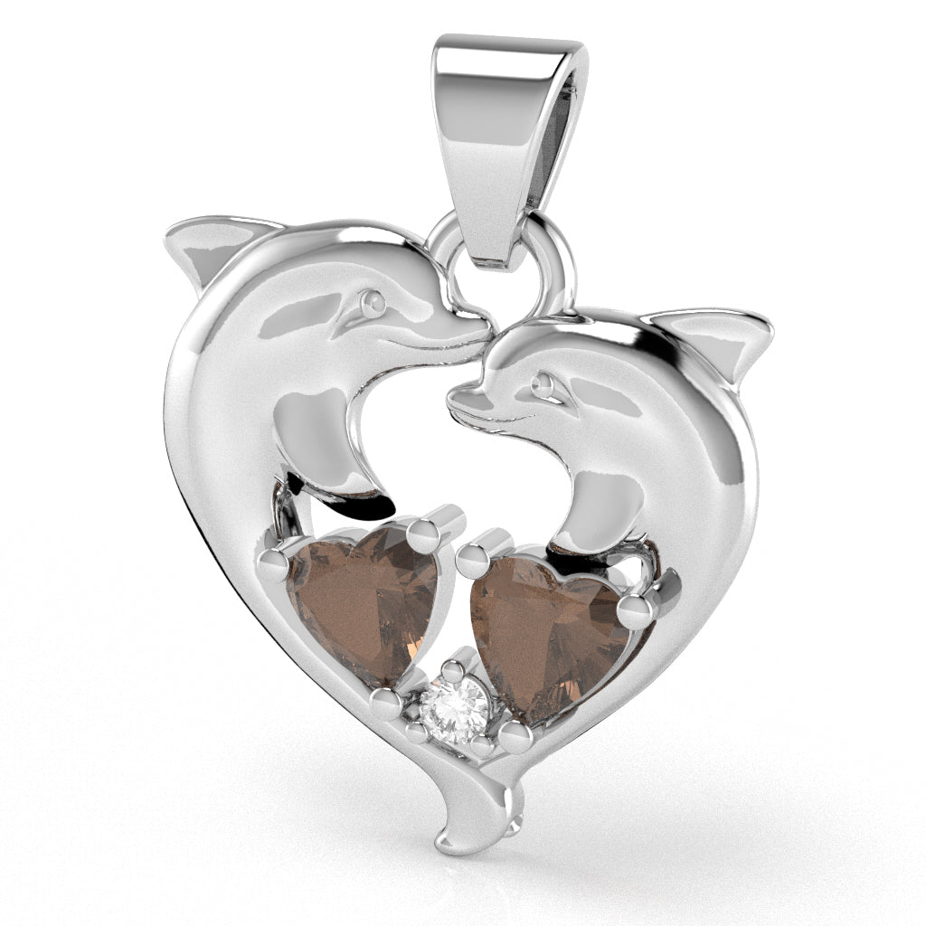 Smoky Quartz Diamond Dolphin 2 Heart Birthstone  Pendant in 14k White Gold
