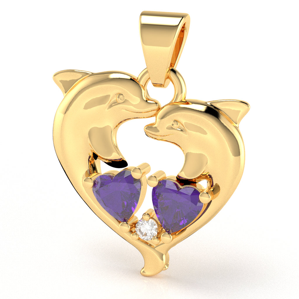 Amethyst Diamond Dolphin 2 Heart Birthstone  Pendant in 10k Yellow Gold