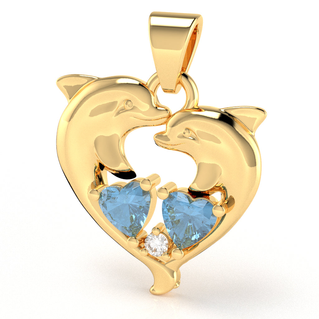Blue Topaz Diamond Dolphin 2 Heart Birthstone  Pendant in 14k Yellow Gold