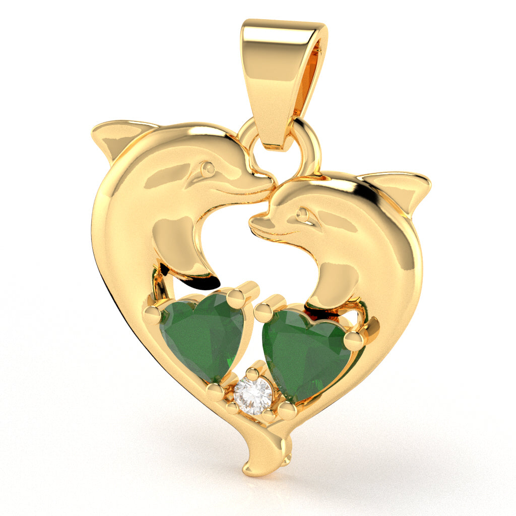 Emerald Diamond Dolphin 2 Heart Birthstone  Pendant in 14k Yellow Gold