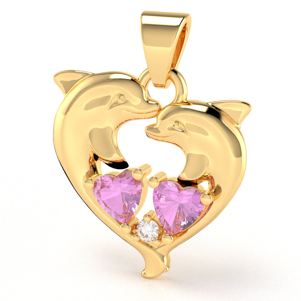 Lab-Created Pink Sapphire Diamond Dolphin 2 Heart Birthstone  Pendant in 14k Yellow Gold