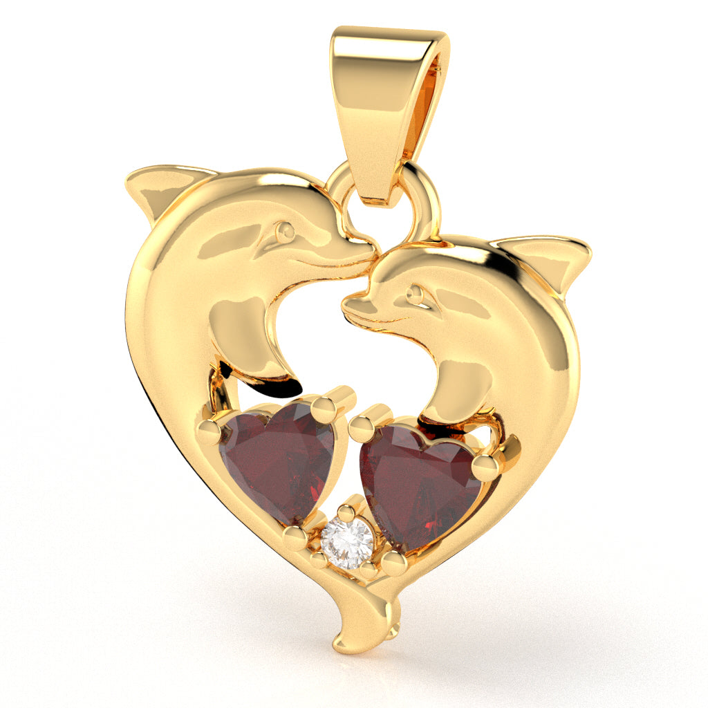 Lab-Created Ruby Diamond Dolphin 2 Heart Birthstone  Pendant in 10k Yellow Gold