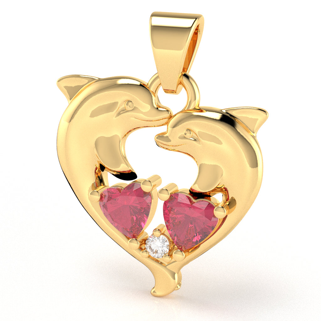 Pink Tourmaline Diamond Dolphin 2 Heart Birthstone  Pendant in 14k Yellow Gold