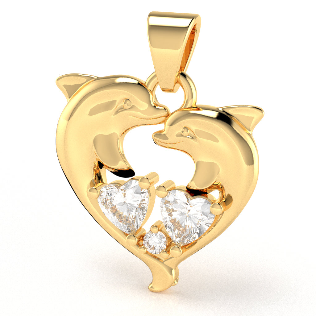 White Topaz Diamond Dolphin 2 Heart Birthstone  Pendant in 10k Yellow Gold