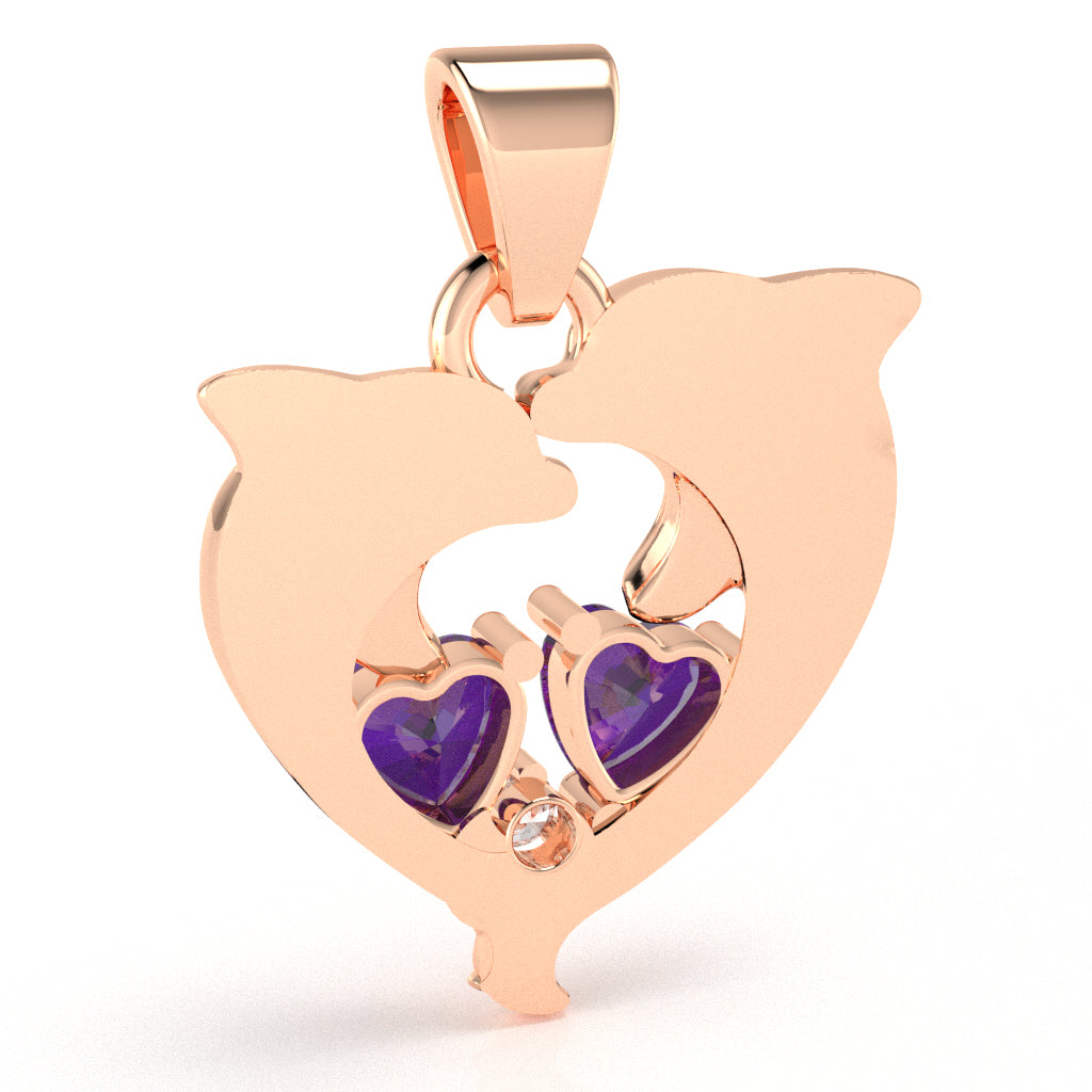 Amethyst Diamond Dolphin 2 Heart Birthstone  Pendant in 10k Rose Gold