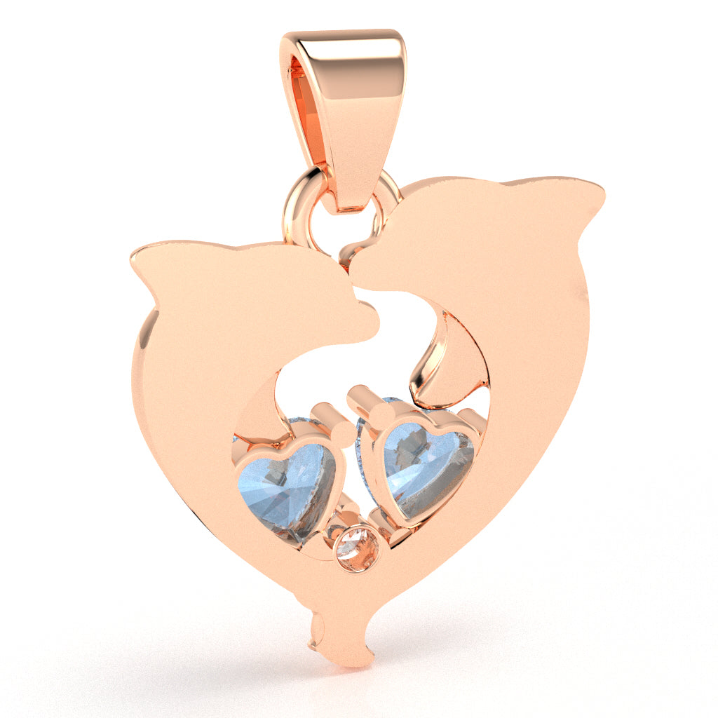 Aquamarine Diamond Dolphin 2 Heart Birthstone  Pendant in 10k Rose Gold