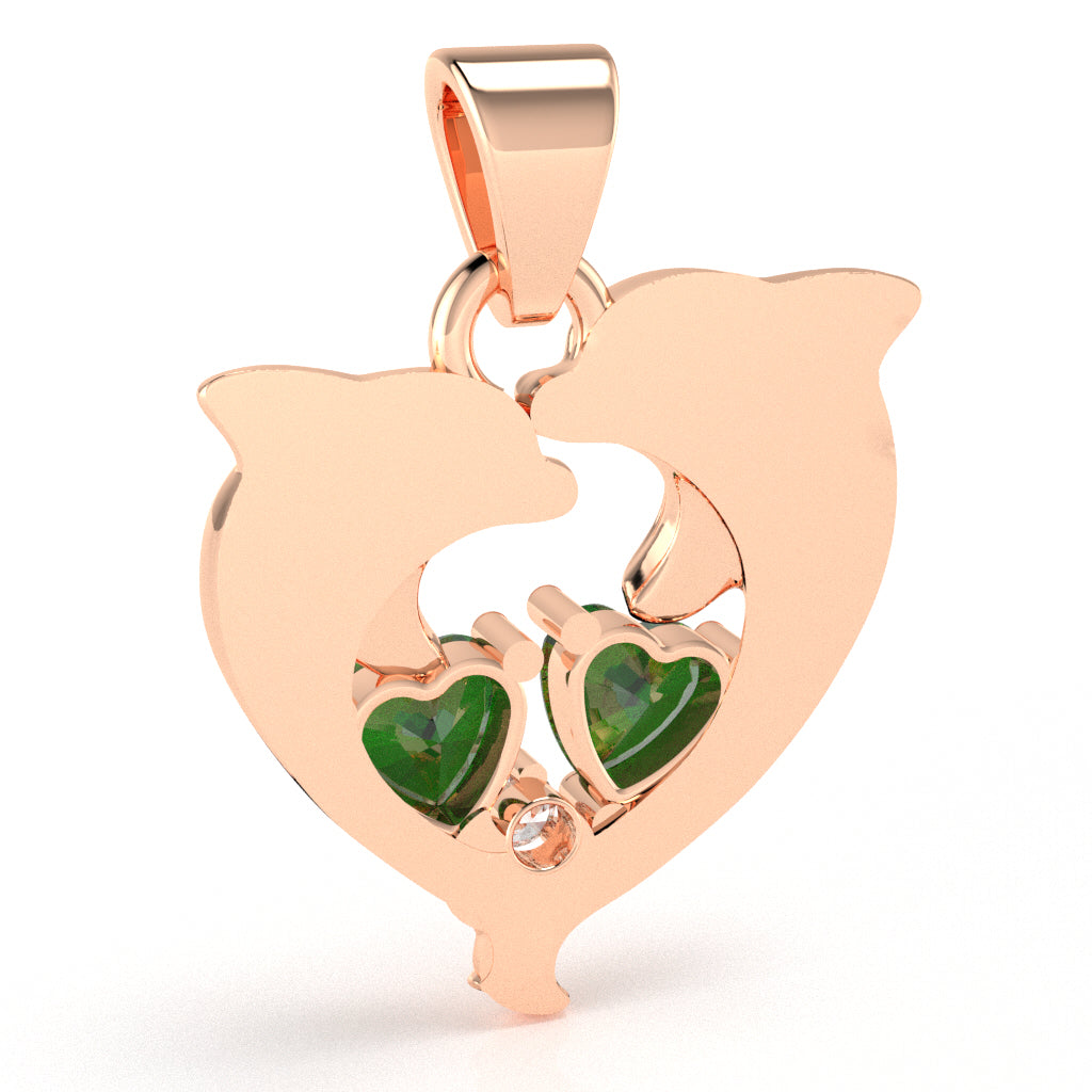 Lab-Created Emerald Diamond Dolphin 2 Heart Birthstone  Pendant in 10k Rose Gold