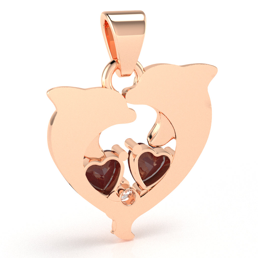 Ruby Diamond Dolphin 2 Heart Birthstone  Pendant in 10k Rose Gold