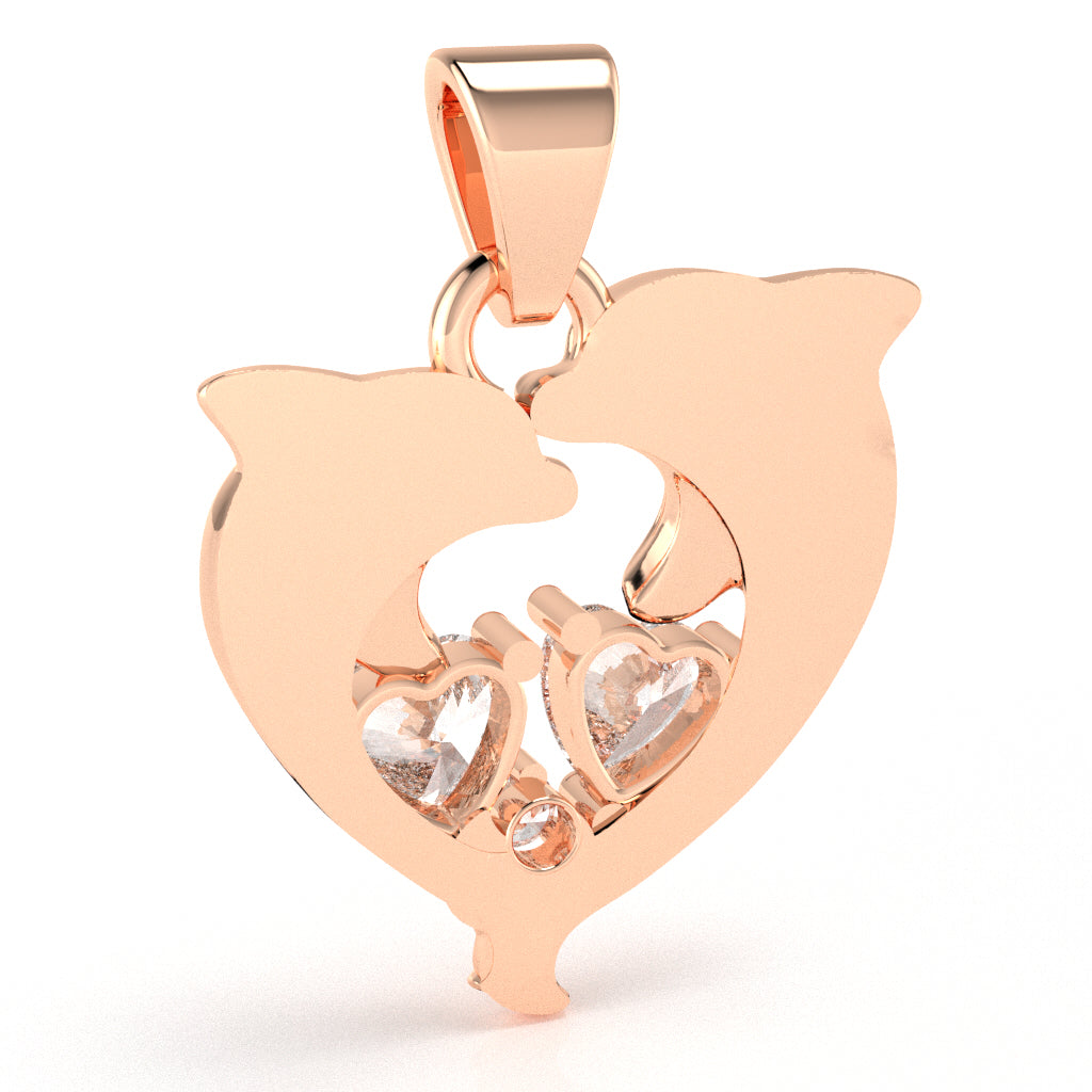 White Topaz Diamond Dolphin 2 Heart Birthstone  Pendant in 14k Rose Gold