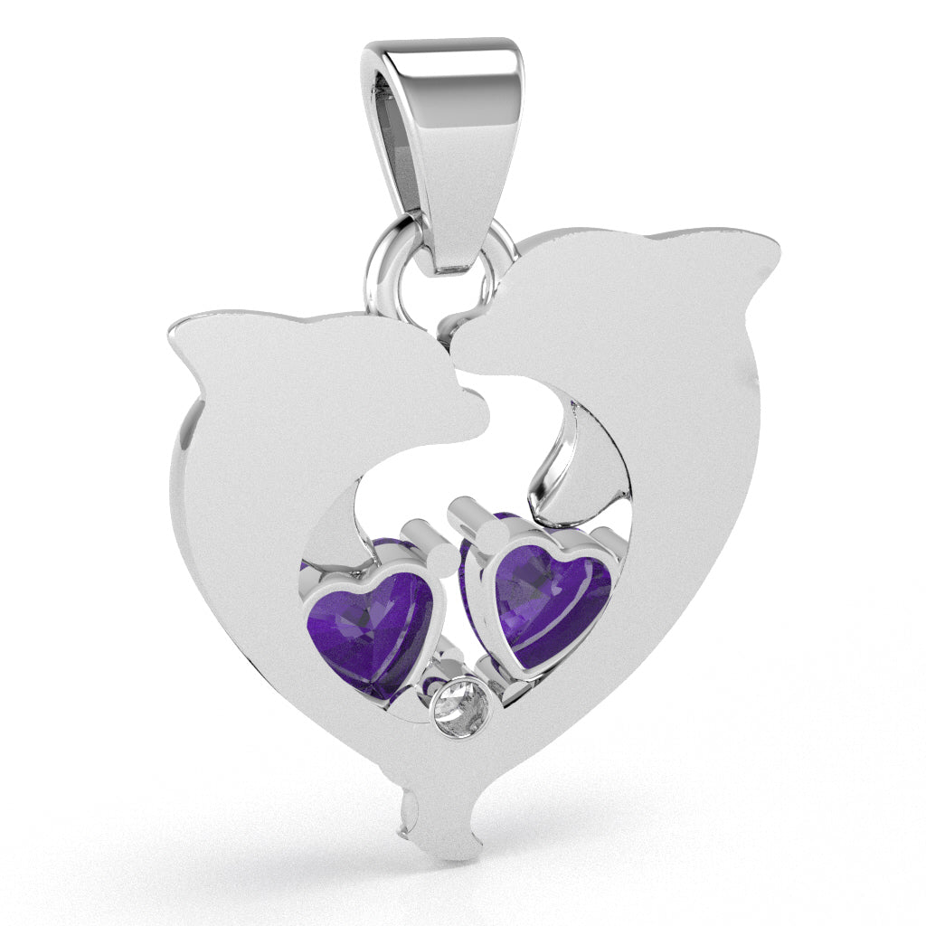 Amethyst Diamond Dolphin 2 Heart Birthstone  Pendant in 10k White Gold